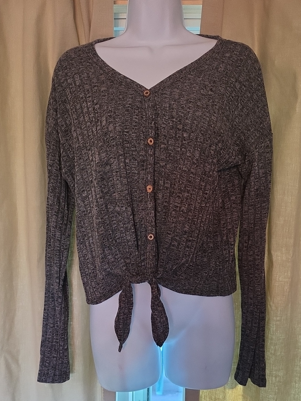 Women's Charcoal Tie-Hem V-Neck Button Sweater NWOT